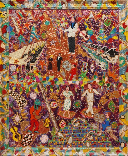 Painting titled Vegas Floor Show by pop art chronicler of mid-century Hollywood and Las Vegas, artist Harriet Young. Dancing partner is Donald O'Conner.