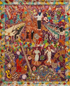 Painting titled Vegas Floor Show by pop art chronicler of mid-century Hollywood and Las Vegas, artist Harriet Young. Dancing partner is Donald O'Conner.