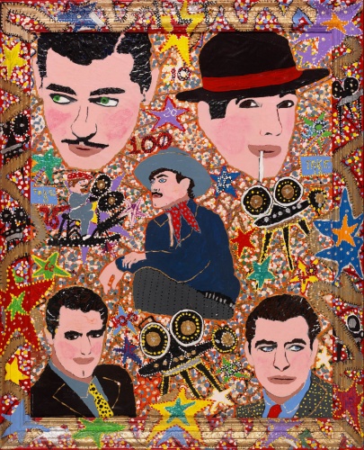 Outsider artist painting: The Five Legends features Clark Gable, Charlie Chaplin, Humphrey Bogart, Cary Grant, Errol Flynn, Orson Welles - by Harriet Young