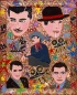 Outsider artist painting: The Five Legends features Clark Gable, Charlie Chaplin, Humphrey Bogart, Cary Grant, Errol Flynn, Orson Welles - by Harriet Young